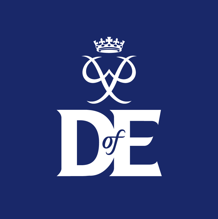 D of E logo with crown on dark blue background